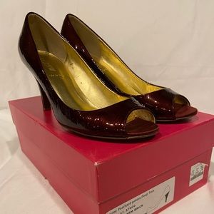 JCrew burgundy patent peep toe pumps 7.5